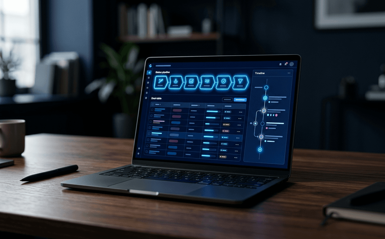 Workflow-Engine — Cockpit auf Laptop mit Status-Pipeline